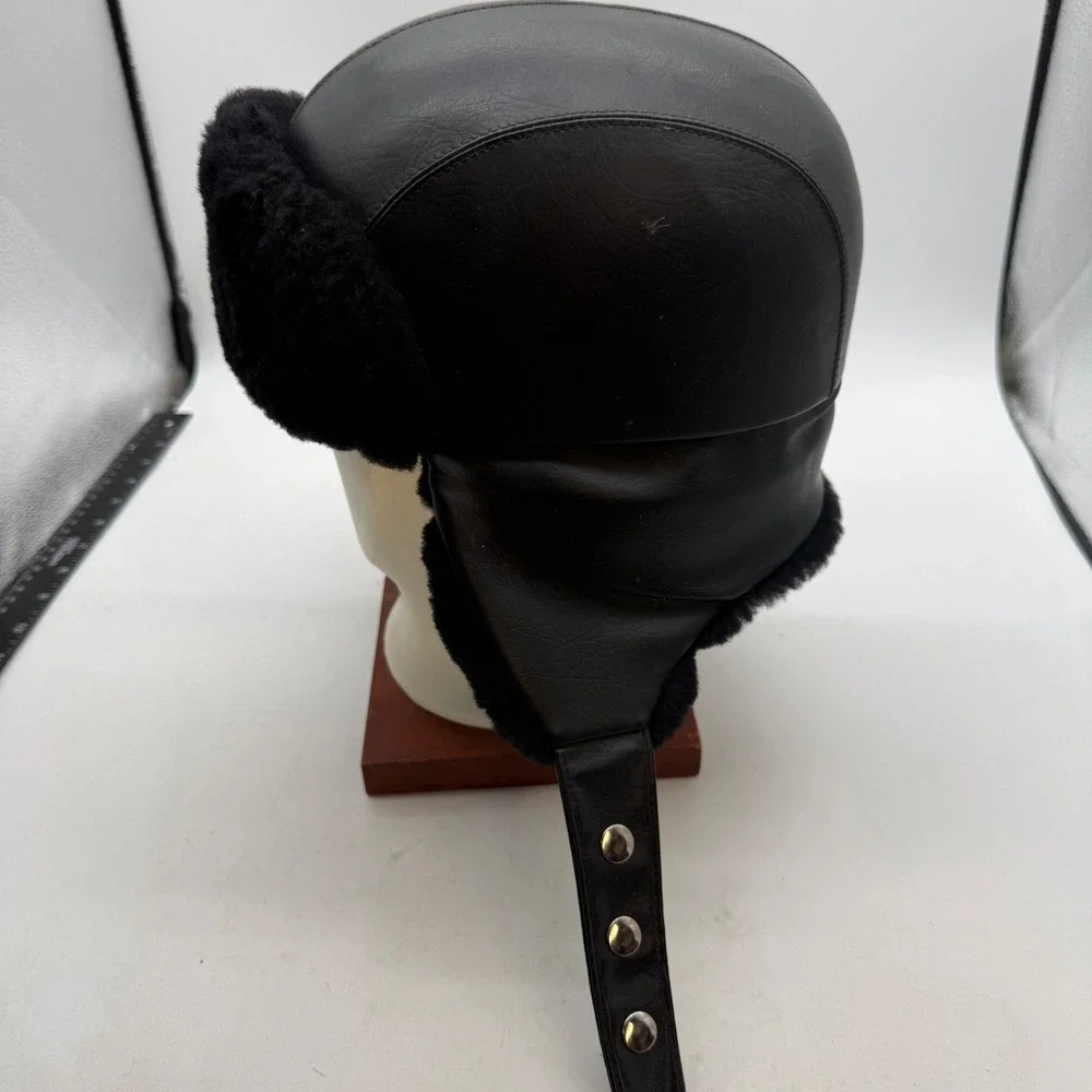 Wolverine Black Leather Trapper Hat Faux Fur Ear Flaps Water Repellent large